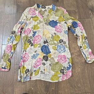 J. Jill Blouse Womens Size S Ivory Floral Tunic Long Sleeve Split Neck